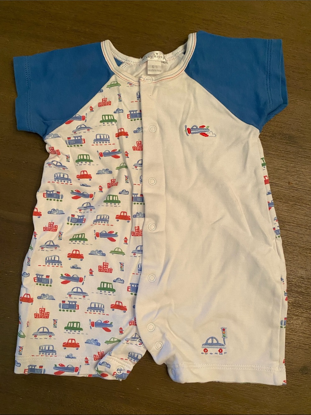 Vintage Kissy Kissy Blue & White Short-Sleeve Vehicle Print Romper